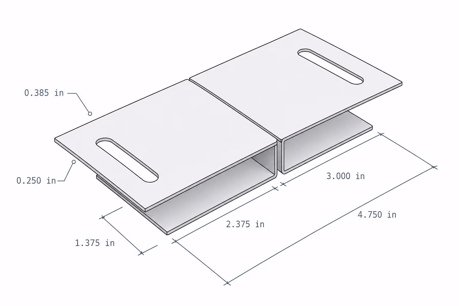 3D technical drawing of a rectangular metal bracket with slots and dimensions in inches labeled.
