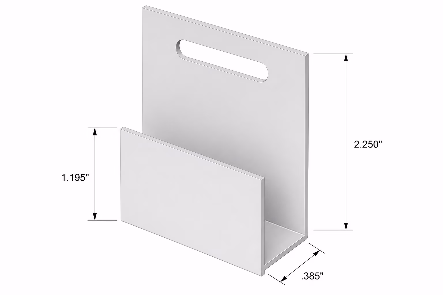 3D metal bracket with a slot handle and dimensions 2.25 by 1.195 by 0.385 inches.