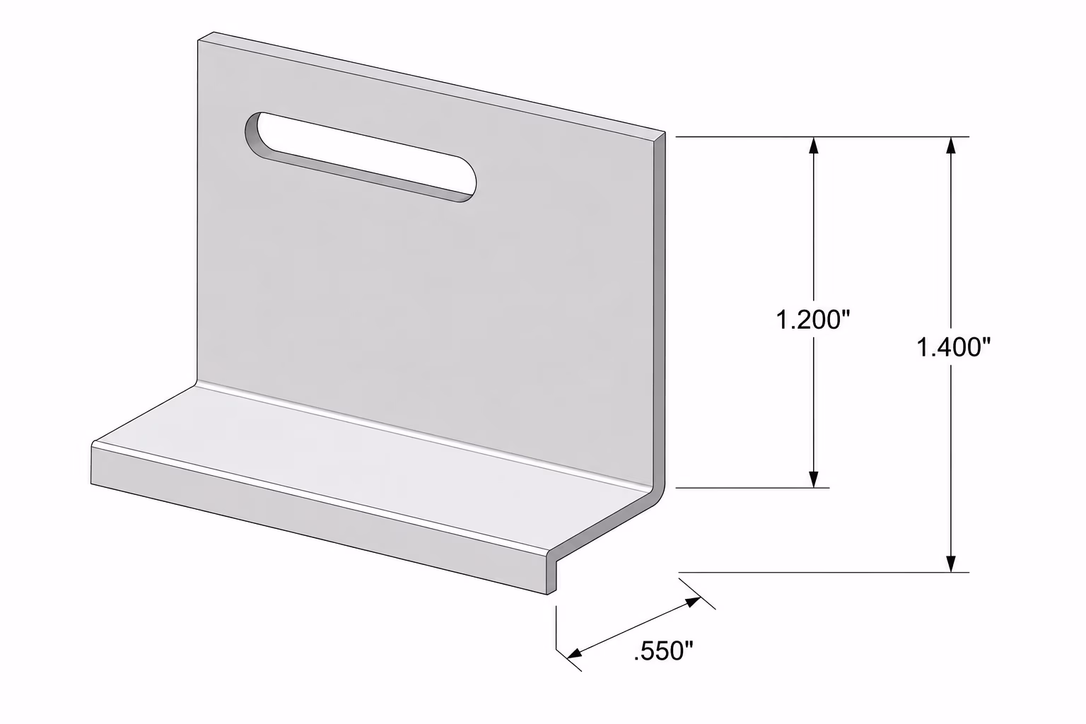 Metal L-shaped bracket with a horizontal base, vertical side, slot, and dimensions shown in inches.