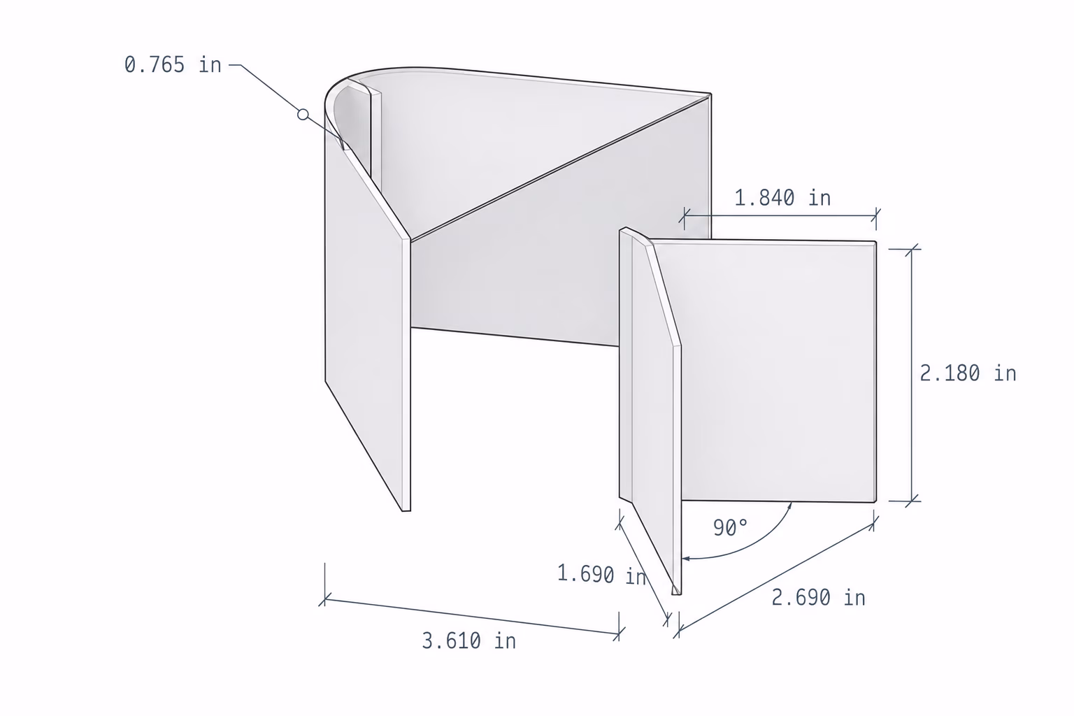 3D technical drawing of a bent sheet metal part with dimensions and a 90° angle.