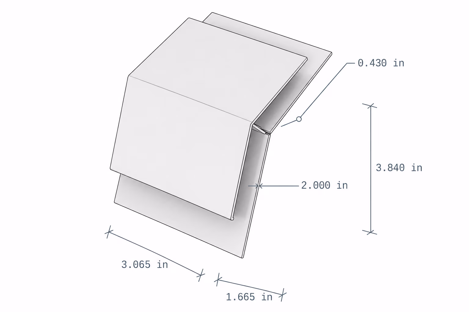 3D drawing of a folded metal piece with dimensions labeled in inches.