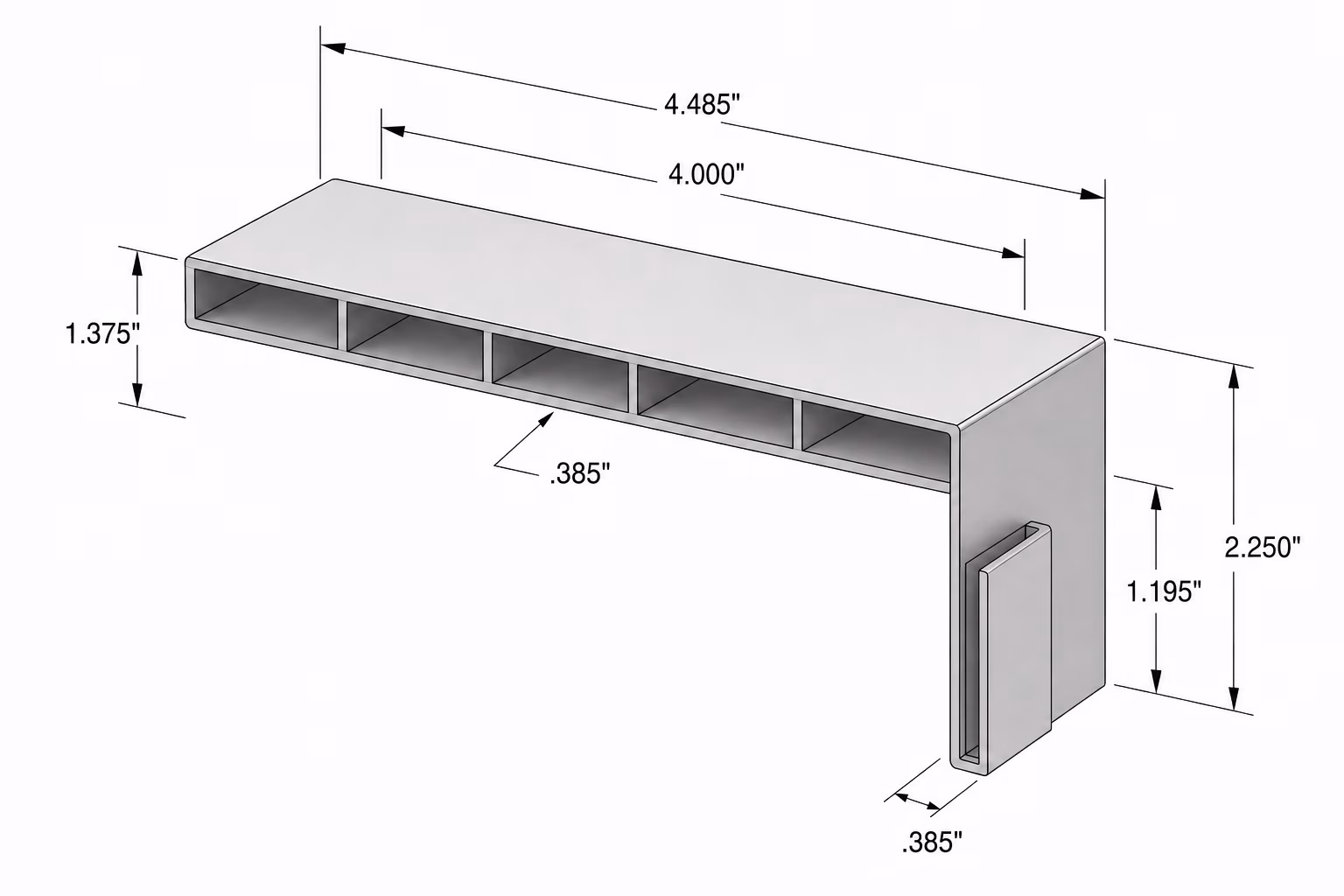Isometric view of a metal bracket with dimensions, showing length, height, width, and inner partitions.