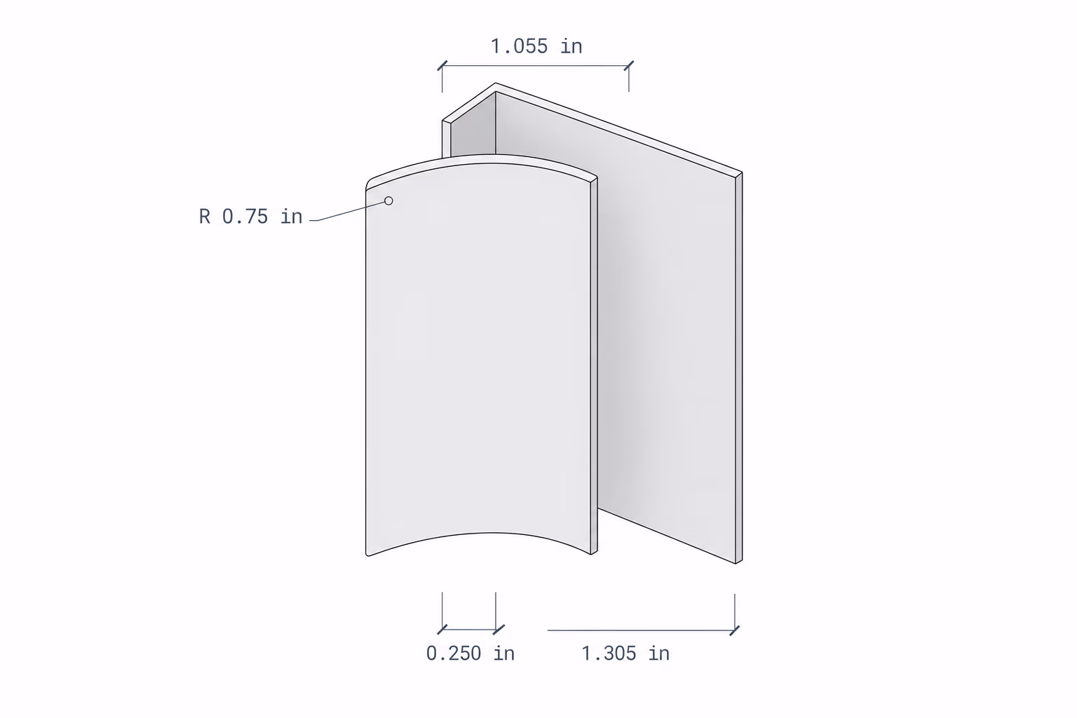 3D technical drawing of a two-part object with rounded edges and measurements in inches.