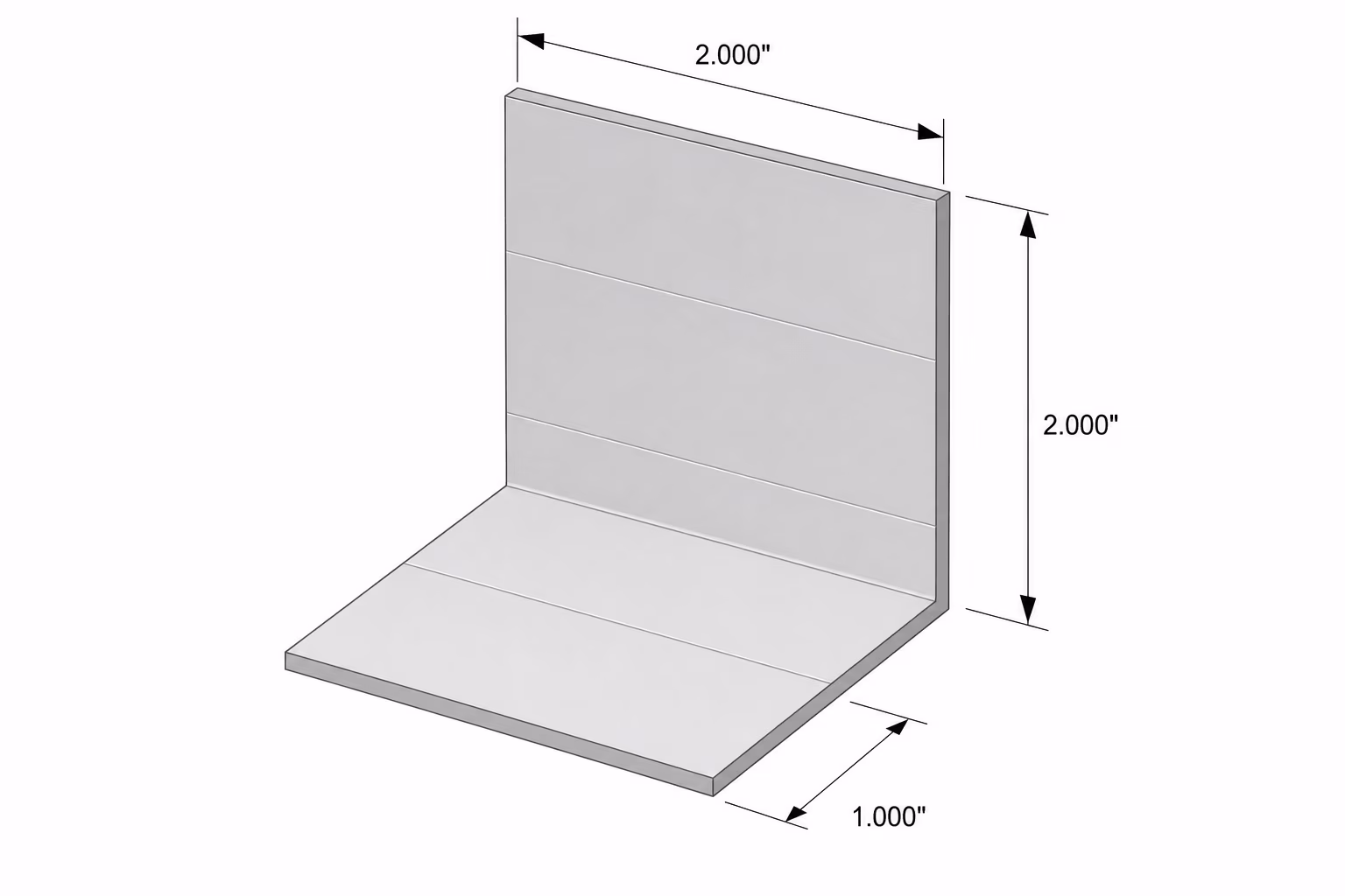 L-shaped metal bracket with dimensions 2 inches tall, 2 inches wide, and 1 inch deep.