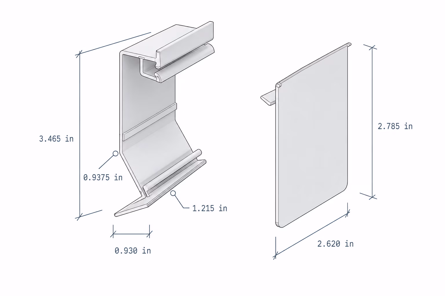 Technical drawing of a metal bracket with dimensions labeled in inches from various angles.
